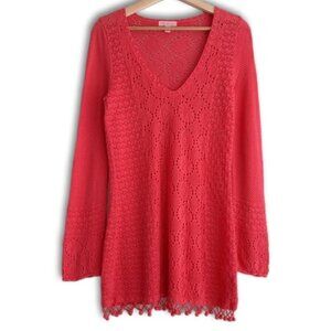 LILLY PULITZER / Pom-Pom Trim V-Neck Knit / Crochet Tunic Top Bright Pink Sz M